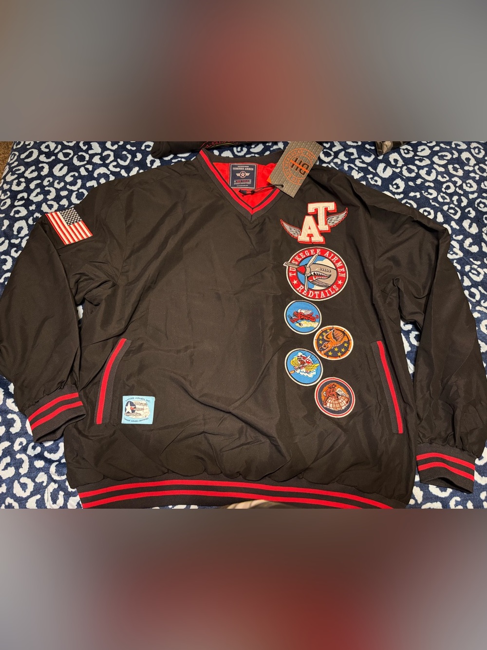 Men's Black Pullover Bomber with Red Trim and Patch Details